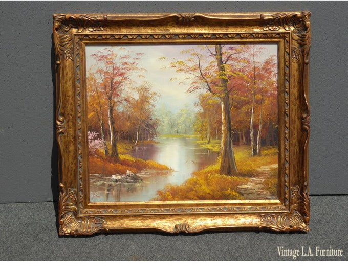 Vintage Orange Autumn Forest River Picture Oil on Canvas Painting Signed JCM
