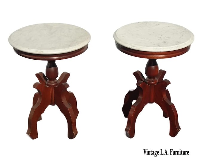 Pair of Antique White Marble Top Mahogany Parlor Round Brown Side Tables Italy