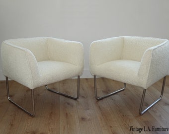 Pair of Mid Century Modern Ivory Boucle Club Arm Chairs 1960's