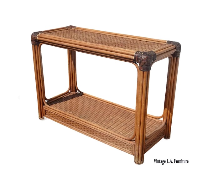 Vintage Rustic Console Sofa Table Tiki Palm Beach Style w Bamboo Rattan Leather