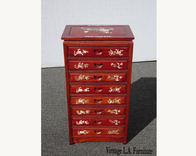 Vintage Rosewood Asian Jewelry Box Storage Cabinet with Mother of Pearl Inlay