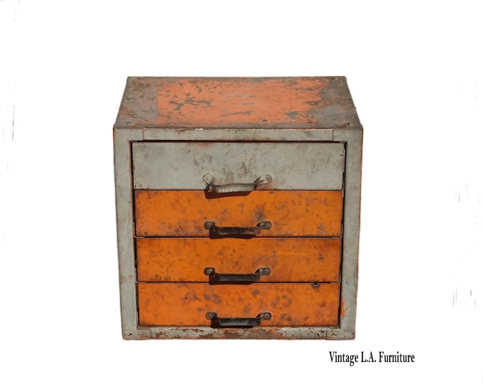 Vintage Mid Century Modern Industrial Steel Table Top File Cabinet Four Drawers