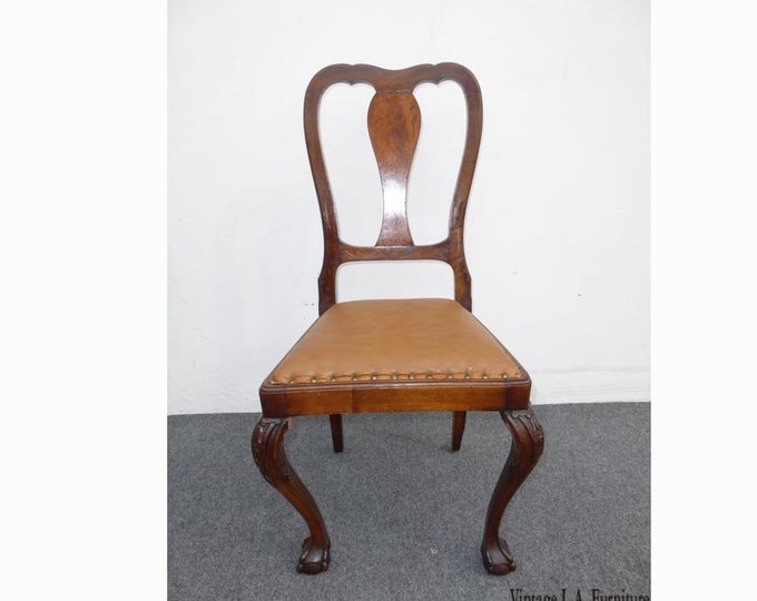 Vintage Ornate Accent Chair Ball & Claw Feet Burl Wood Brown Leather Decorative Nail