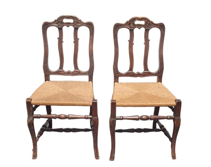 Pair of Antique French Provincial Style Ornate Carved Rush Seat Side Chairs