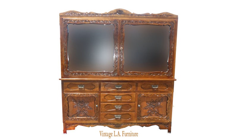 SEAL limited product Industry No. 1 Vintage Mission Arts Style Ornately China Carved Hutch Wood Cabi