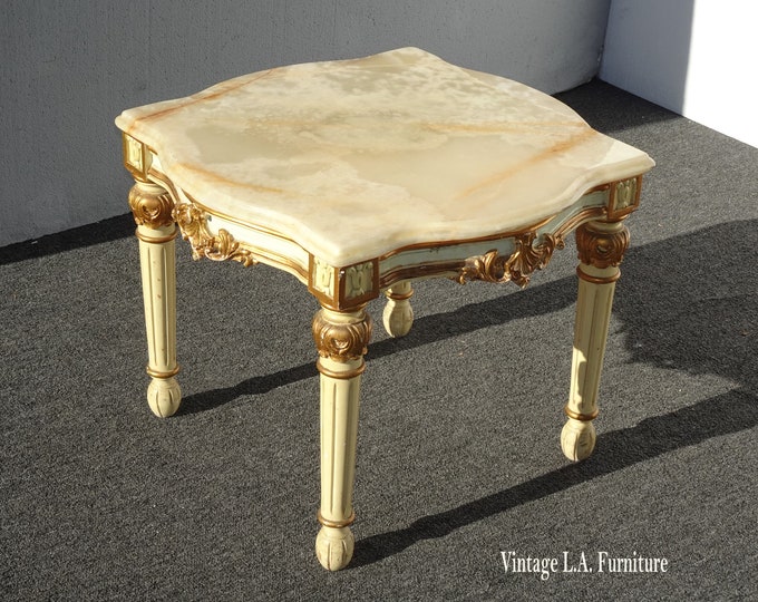 Vintage French Louis XVI Ornate End Table Creme & Gold w Stone Asis