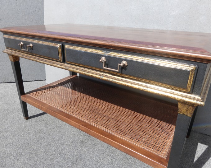 Vintage French Country  Black Crackle Finish Library Table with Cane Bottom Shelf