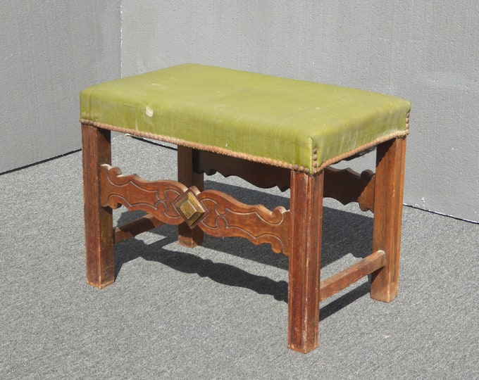 Vintage Mission Style Green Vinyl Bench with Decorative Nails