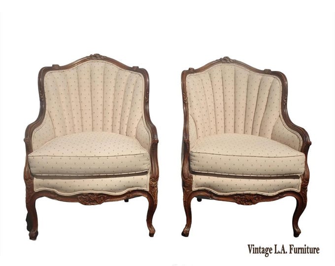 Pair of Antique French Louis XVI Channel Back Tufted Arm Chairs