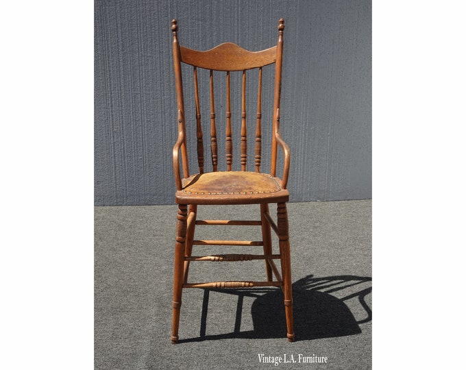 Antique French Country Petite Barstool with Leather Seat and Decorative Nails