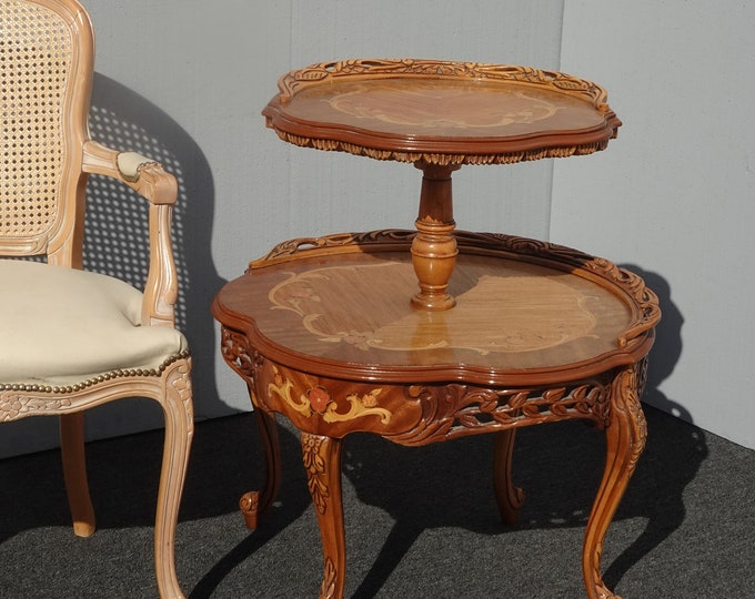 Vintge French Inlaid Marquetry Louis XV Style Two-Tier Side Table w Carved Legs