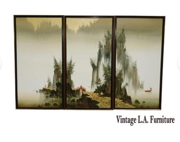 Vintage Oriental Asian Oil on Canvas Picture Painting Mountain Fishing ~ Signed