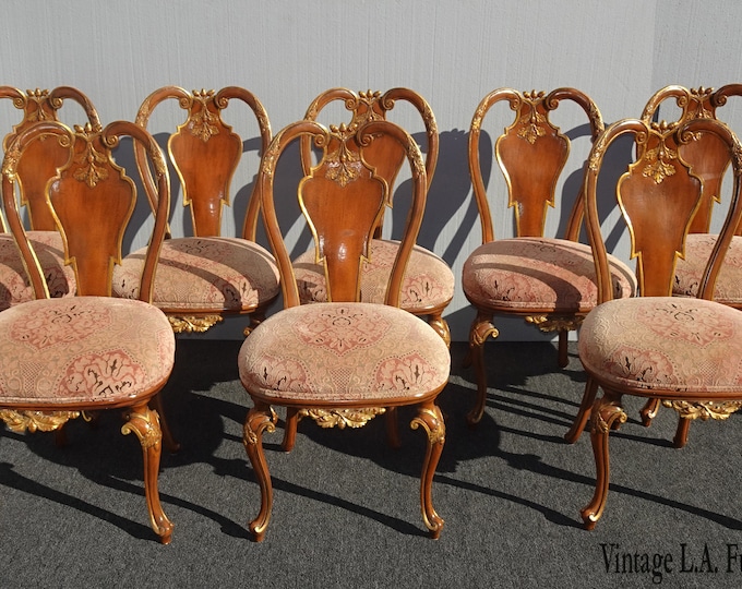 Set of Eight Italian French Louis XVI Gold Rose Dining Room Chairs Made in Italy