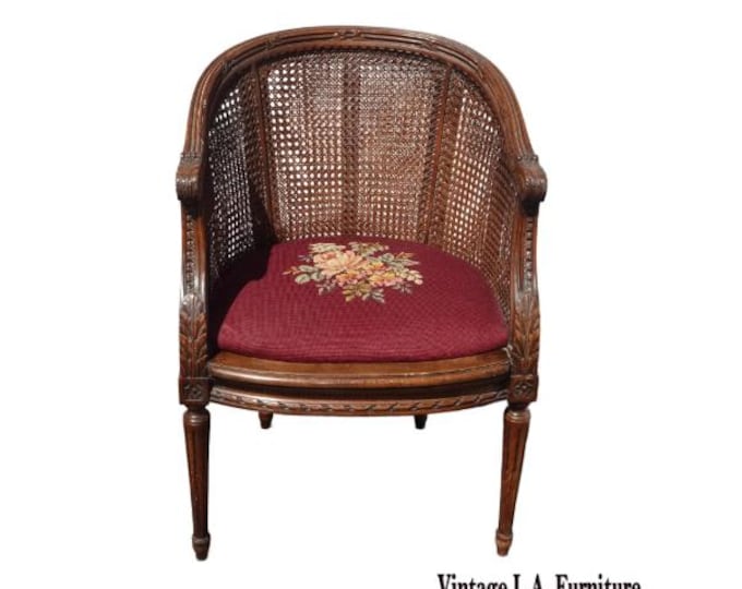 Vintage French Double Cane Club Chair w Floral Burgundy Tapestry Needlepoint
