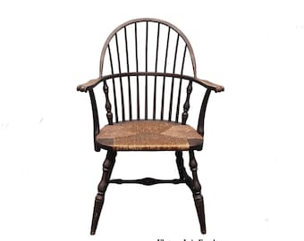 Antique Brown Windsor Spindle Arm Chair W Rush Seat ~ French