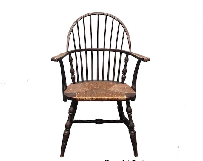 Antique Brown Windsor Spindle Arm Chair w Rush Seat ~ French Country