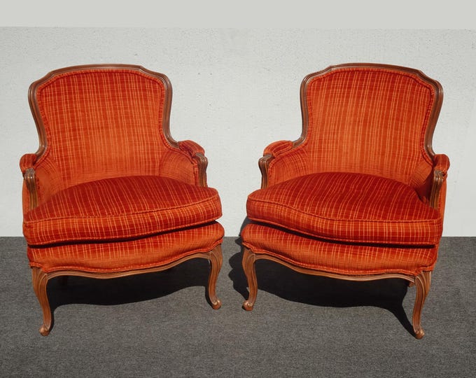 Pair of French Louis XV Red Orangish Bergere Side Chairs w Down Cushions