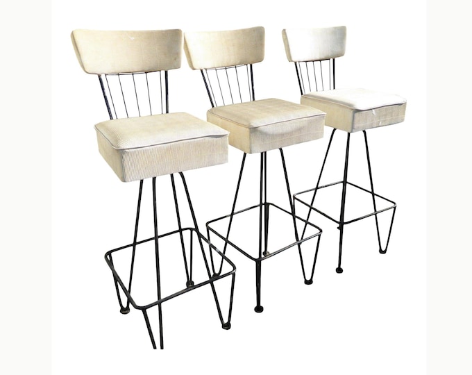 Three Vintage Barstools Frederick Weinberg Style Mid Century White Swivel  1950's