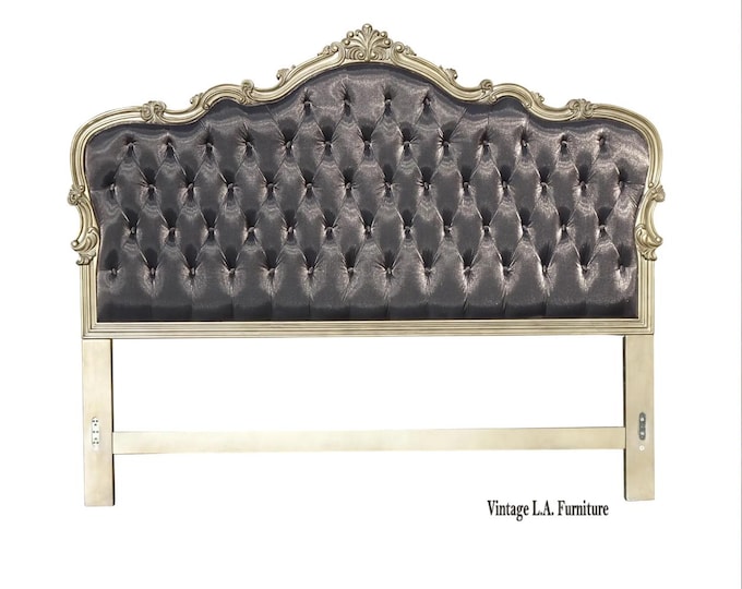 French Provincial Louis XVI Style Metallic Dark Gray Tufted Cal King Headboard