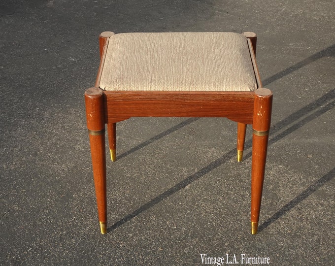 Vintage Mid Century Modern Brown Bench Footstool w Tan Fabric