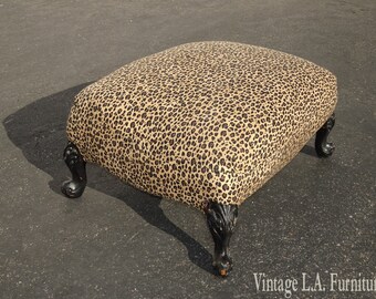 Vintage French Country Leopard Print Black & Tan Ottoman Footstool