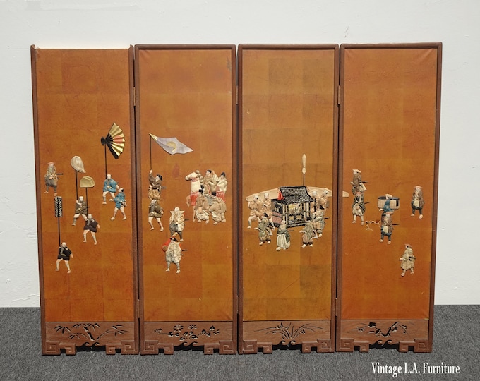 Antique Oriental Asian Gold Four Panel Screen w Mother of Pearl Asis