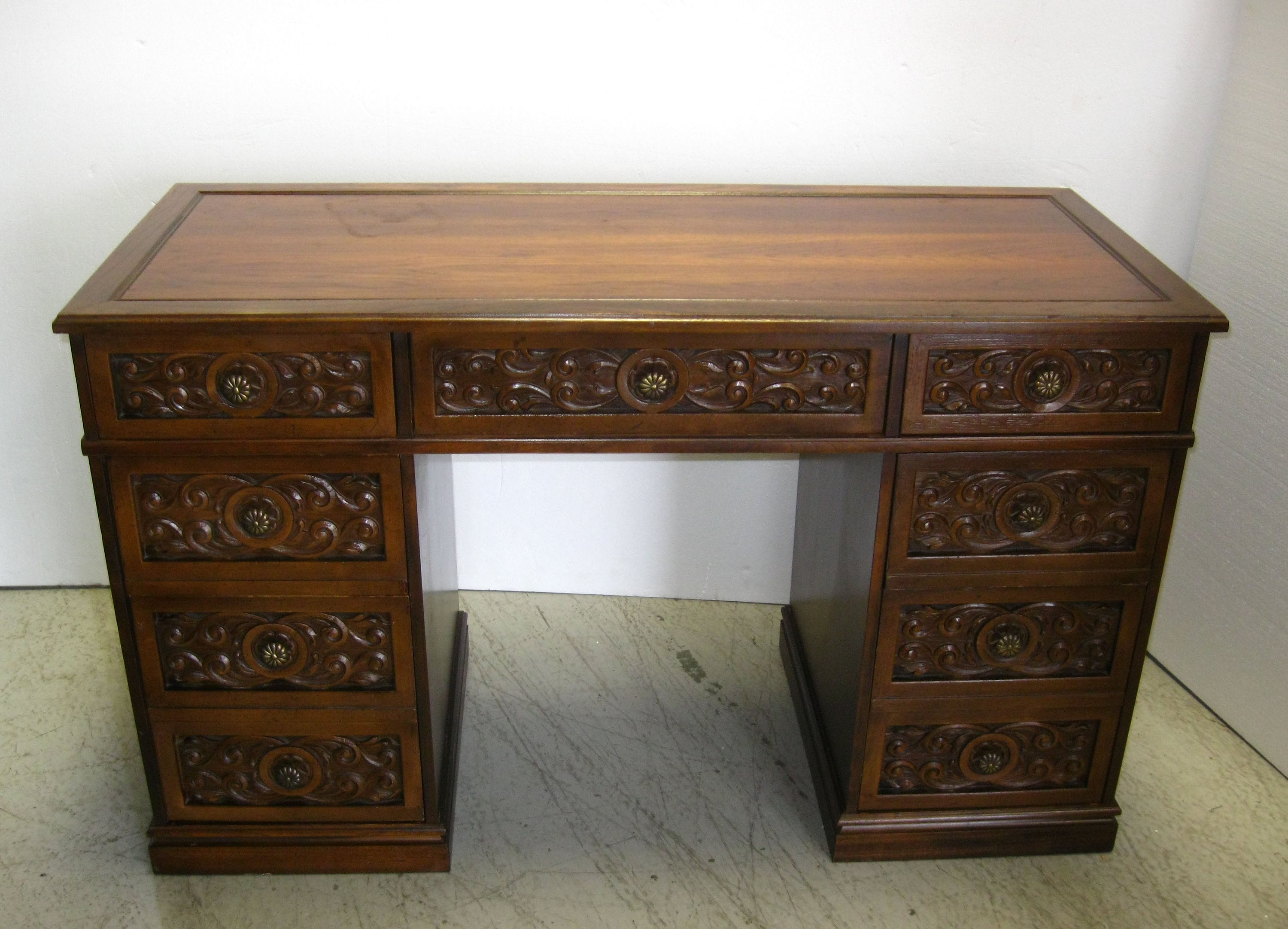 Vintage Spanish Revival Style WRITING DESK Knee Hole Desk Carved Drawers