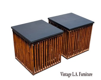Vintage McGuire Coastal Bamboo Square End Tables With Granite Stone Tops - Set of 2