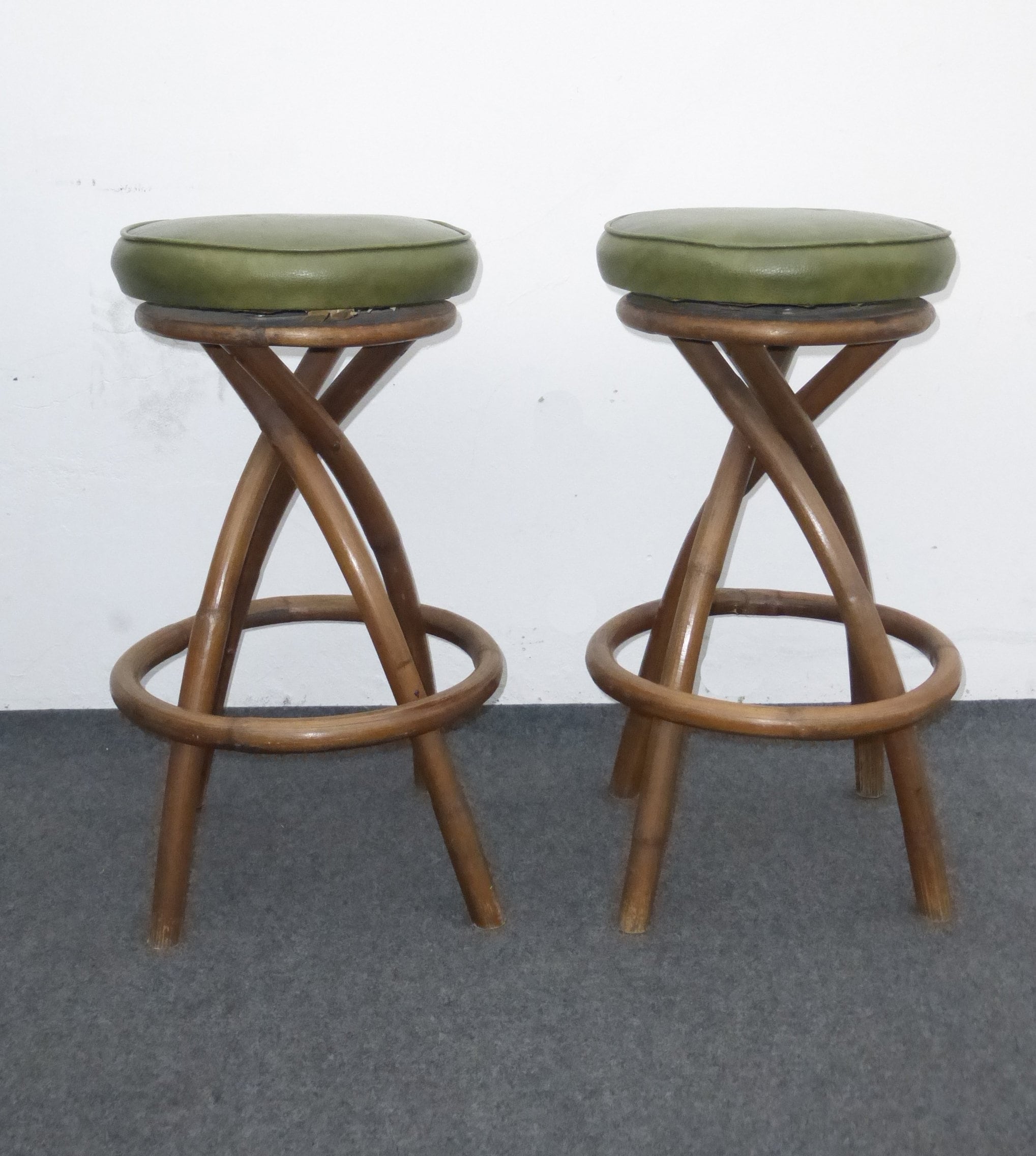 Pair Unique Vintage MidCentury Modern Green Vinyl Bentwood Bar Stools