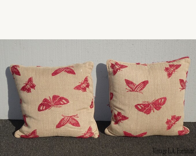 French Country Pink Butterfly Burlap Down Feather Throw Pillows