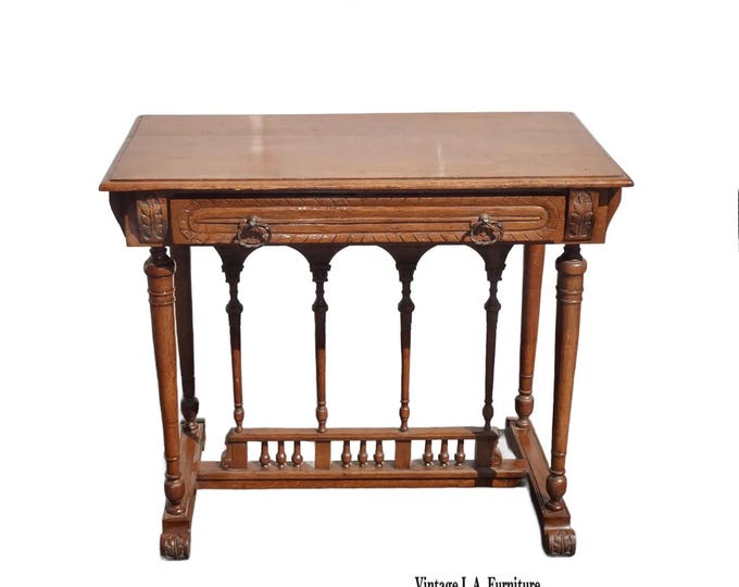 Antique Carved Oak Writing Table Desk - w One Drawer