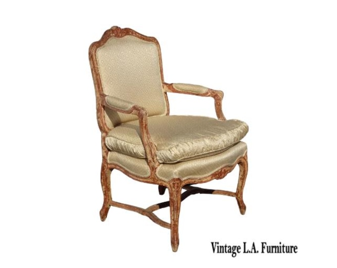 Vintage French Provincial Silk Bergere Chair w Red & Gold Crackle Finish