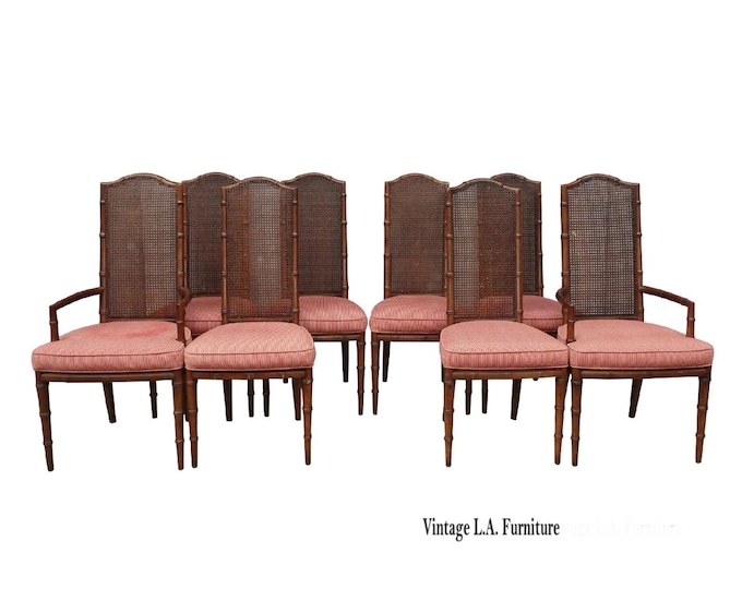 Set of Eight Henredon Bamboo Cane Highback Dining Chairs W Red Seats