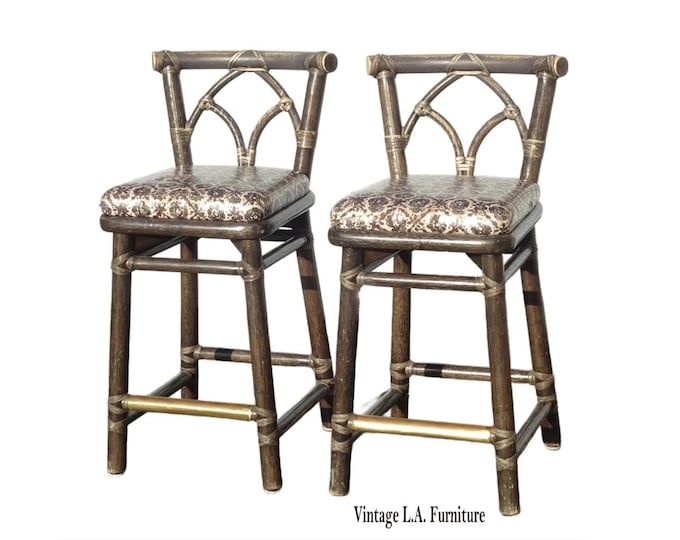 Pair of Vintage McGuire Barstools Bar Stools w Leather Straps and Brass Footrest