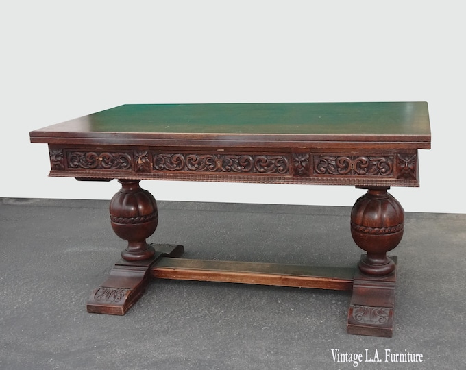Antique Elizabethan Style Ornately Carved Trestle Writing Desk Refectory Table