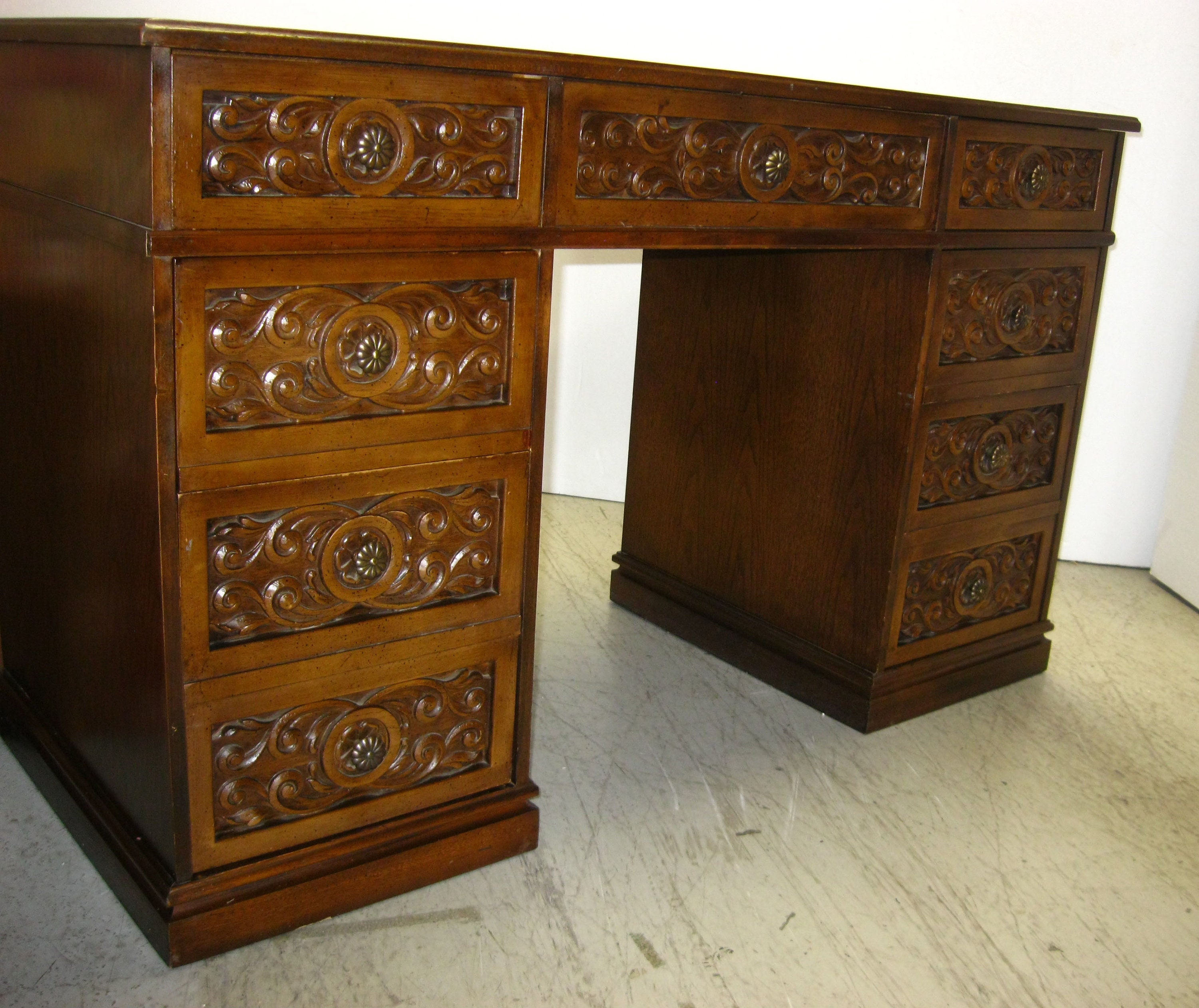 Vintage Spanish Revival Style WRITING DESK Knee Hole Desk Carved Drawers
