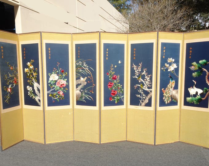 Vintage Oriental Asian Silk Embroidered Eight Panel Screen Room Divider