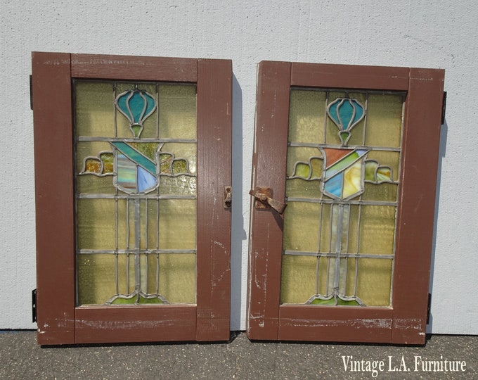 Antique Stained Glass Cabinet Doors Windows w Candle Stand & Flame Glass Panels
