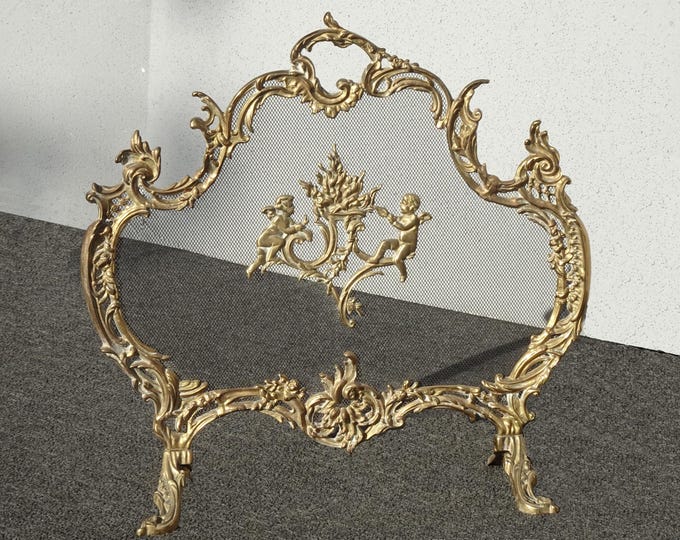 Vintage French Style Ornate Brass Fireplace Screen w Cherubs