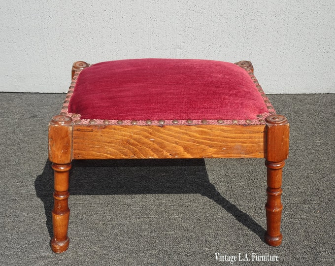 Vintage Oak French Country Rose Colored Velvet Footstool w Decorative Nails