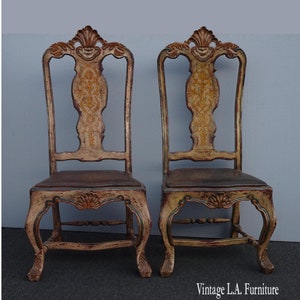 Pair Antique Brazilian Baroque Hand Painted Ornate Tooled Leather Chairs