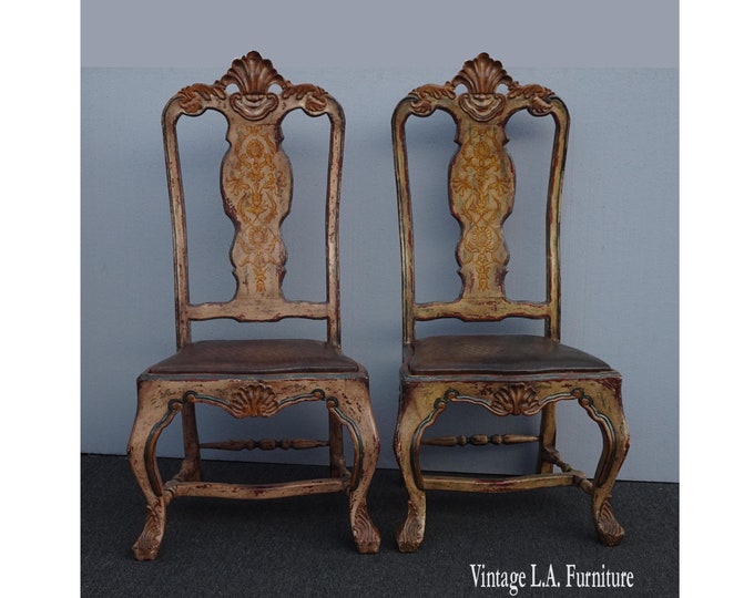 Pair Antique Brazilian Baroque Hand Painted Ornate Tooled Leather Chairs