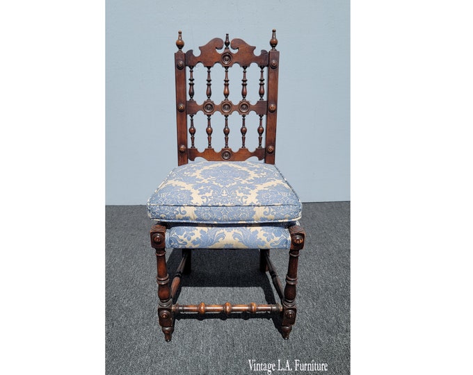 Vintage French Country Ornate Spindle Back Blue Damask Side Chair
