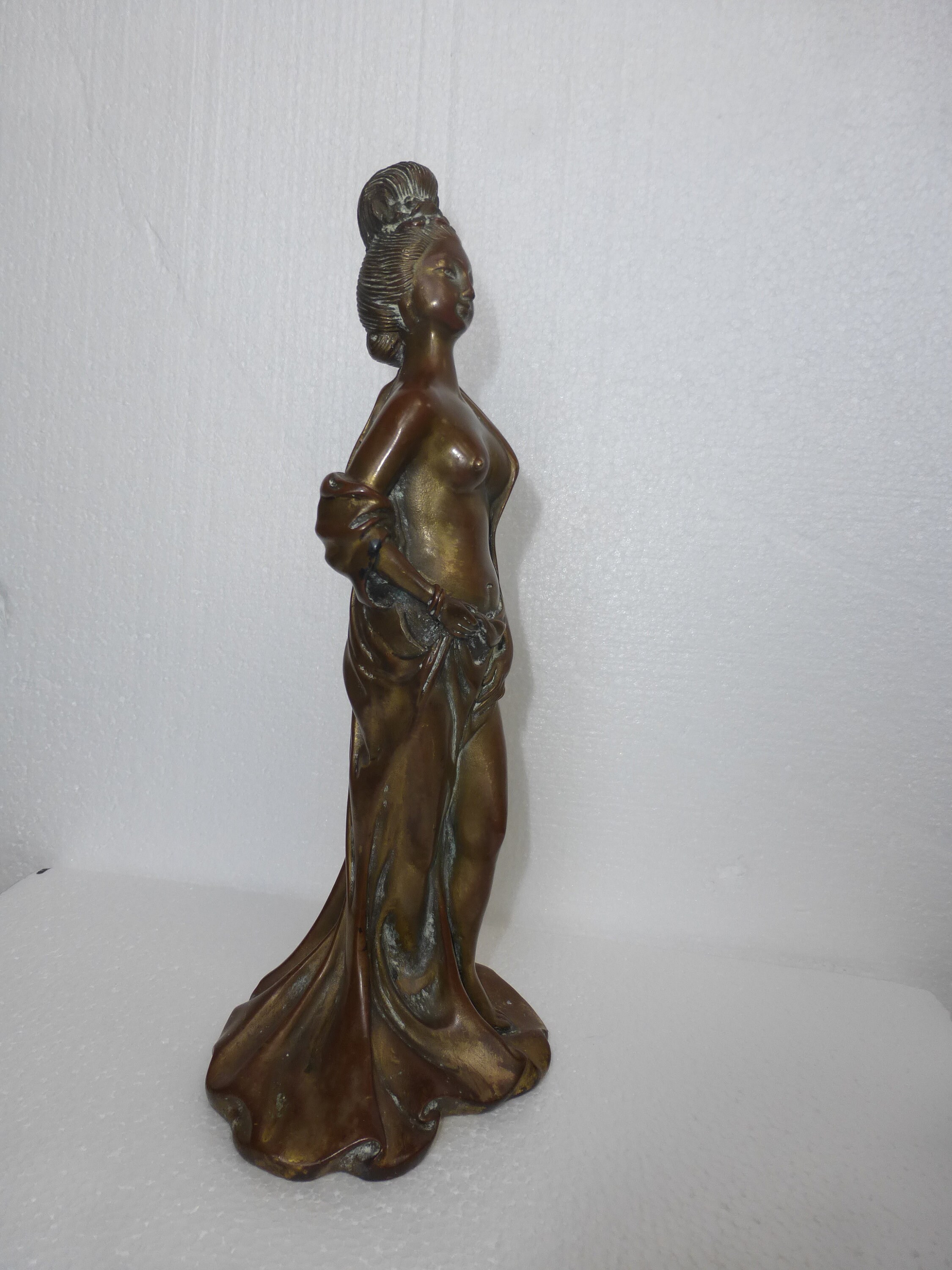 Vintage Bronze Sculpture Oriental Asian Woman Statue Poised Half Draped