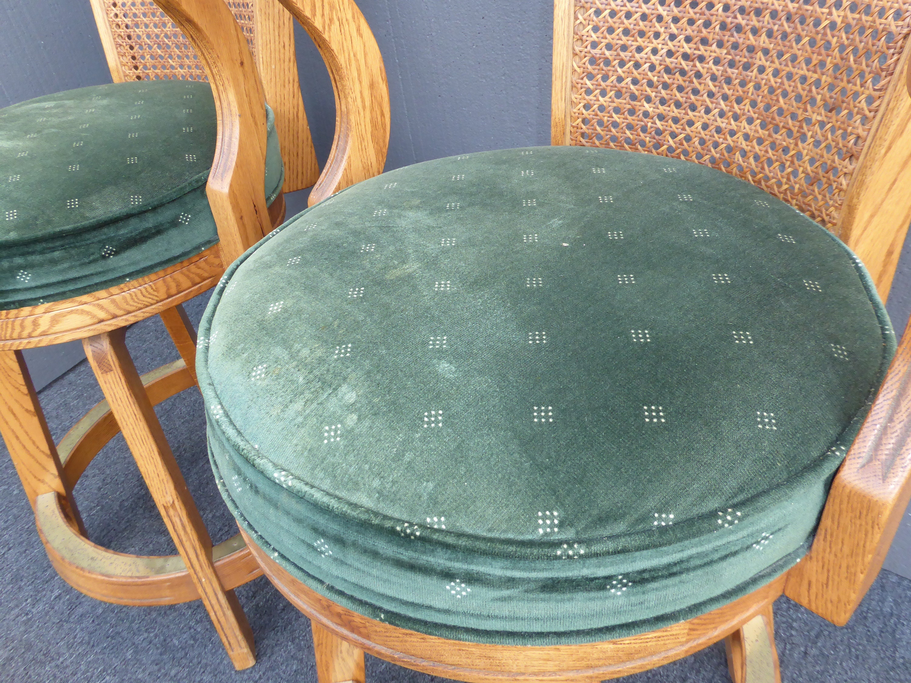 Pair Vintage Mid Century Modern Cane Back Oak Green Velvet Counter Bar
