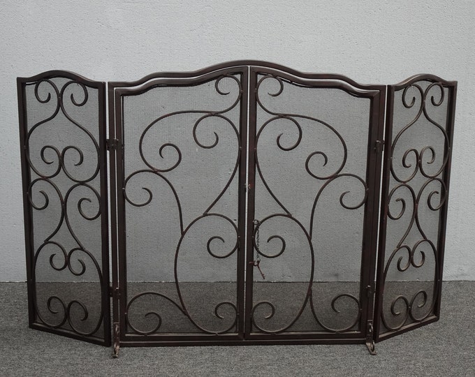 Black Ornate Three Panel Fireplace Screen ~ Center Doors Open