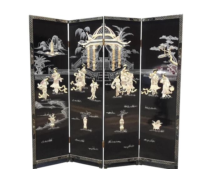 Vintage Oriental Asian Black Mother of Pearl Four Panel Screen Room d Divider
