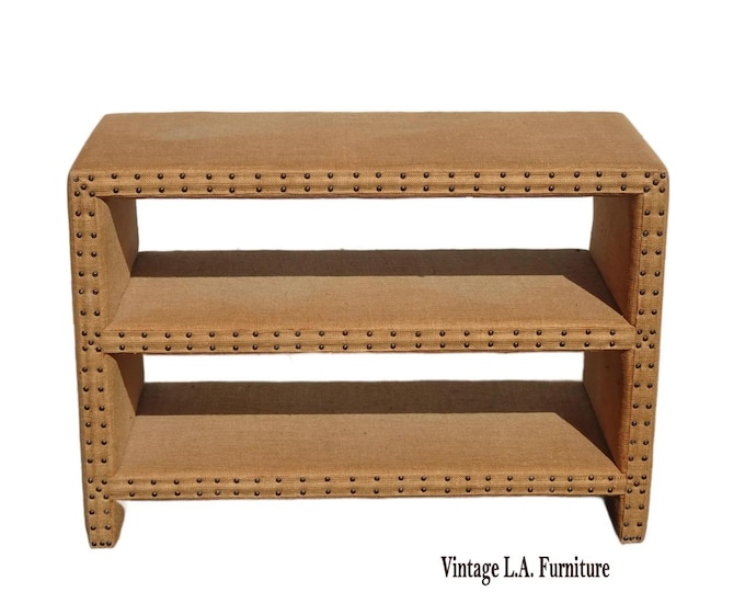 Modern Golden Brown Burlap Bookcase w Decorative Nails