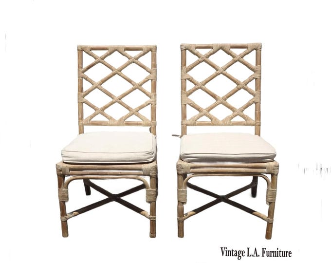 Pair of Vintage Chippendale Bamboo Rattan Side Chairs