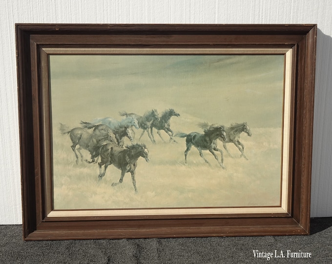 Large 32" X44" Vintage Picture of Horses Galloping Oil on Canvas Signed